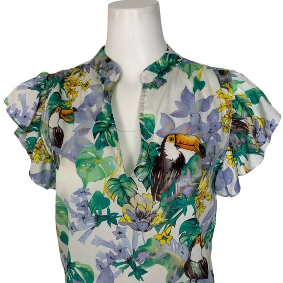 Lavender Brown Blouse Top XS Multicolor Toucan Design Ruffle Cap Sleeve V-Neck - Picture 7 of 12